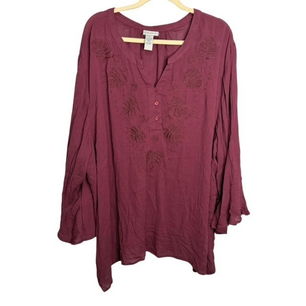 Catherines Blouse Women's 5X Beaded Embroidered Tunic Boho Bell Sleeves Burgundy